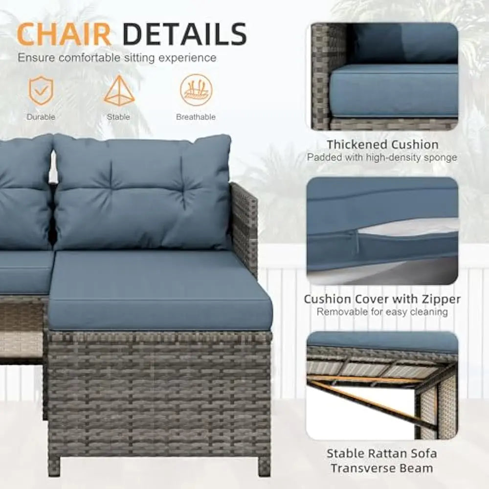 3-Piece Outdoor Patio Furniture Set, Wicker Patio sectional Sets, Rattan Patio Seating Sofas w/Glass Coffee Table and Cushion