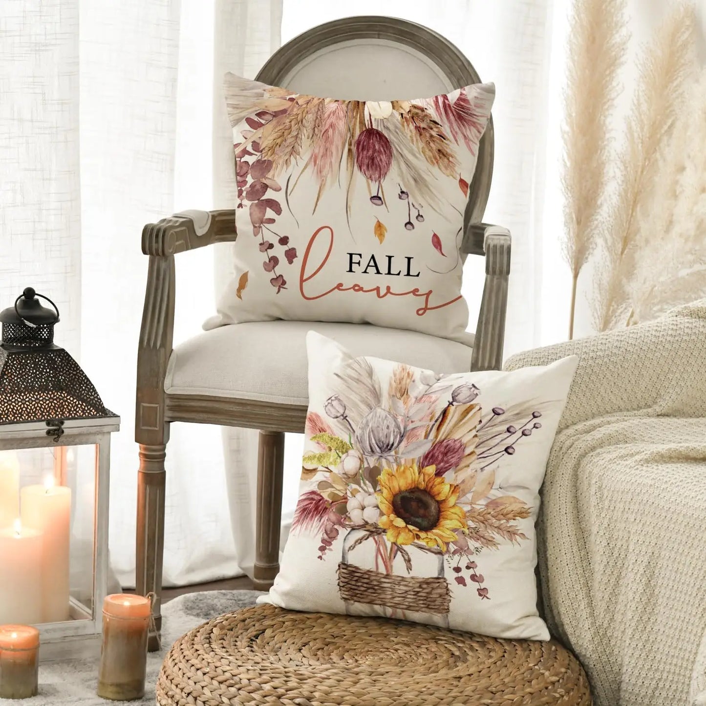 colorlife Fall Pumpkin Wheat Cotton Jar Autumn Thanksgiving Throw Pillow Covers, 18 x 18 Inch Seasonal Cushion Case for Sofa Cou