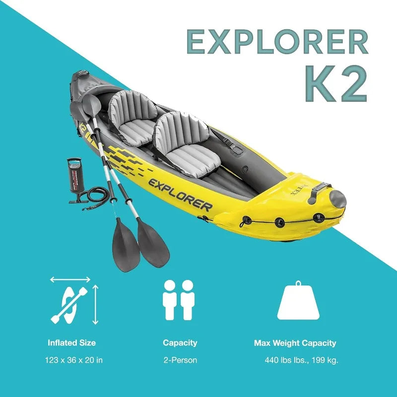 Intex 68307EP Explorer K2 Inflatable Kayak Set: Deluxe 86in Kayak Paddles and High-Output Pump, Removable Skeg, 2-Person– 2 Pack