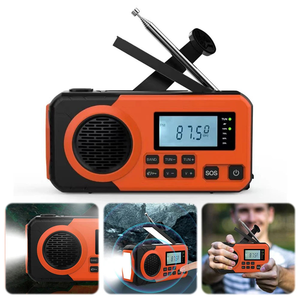 AM/FM/SW Hand Crank Emergency Radio Solar Powered Radio with BT SOS Alarm &LED Flashlight & 4000mAh Power Bank for Outdoor Camp