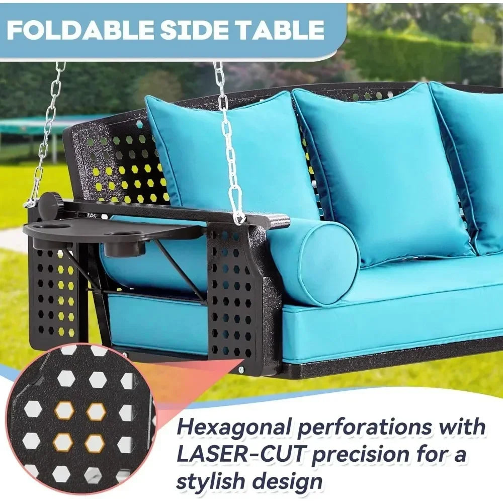 3 Seater Porch Swing, Patio Swing Bench with Cup Holder and 3 Back Cushions, Swing Chair with Chain