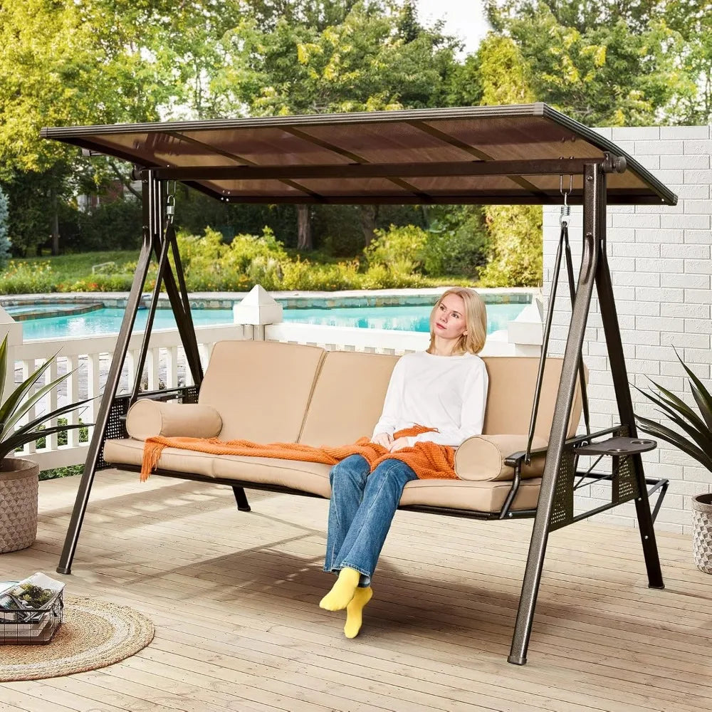 Oversized Outdoor Porch Swing with Hardtop, 3 Seat Patio Swing with 2 Side Cup Holder, 3-in-1 Convertible Backrest Swing Bed wi