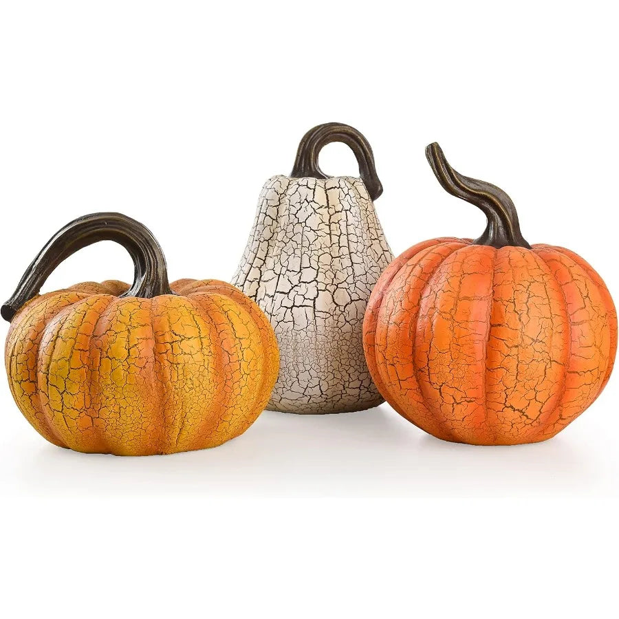 3pcs Resin Cracked Pumpkin Figurine Set for Fall Decoration 6.7 inch Autumn Harvest Thanksgiving Halloween Party Tabletop Cente