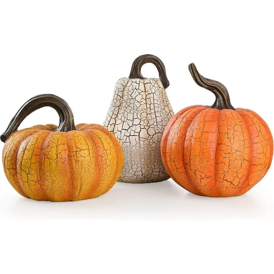 3pcs Resin Cracked Pumpkin Figurine Set for Fall Decoration 6.7 inch Autumn Harvest Thanksgiving Halloween Party Tabletop Cente