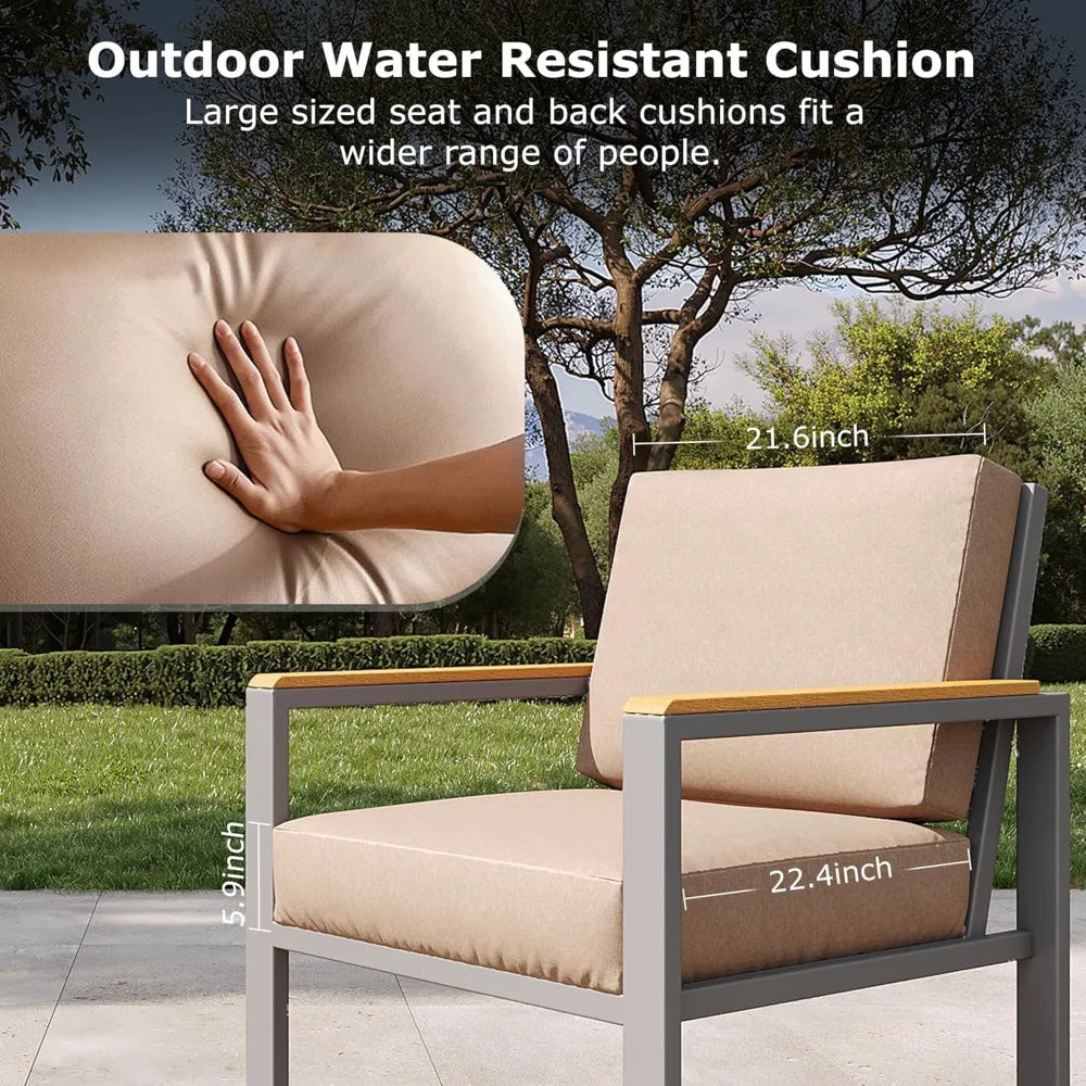 4-Piece Outdoor Patio Furniture Set, Metal Conversation Set with Cushions & Wood-Like Armrests, Modern Patio Sectional