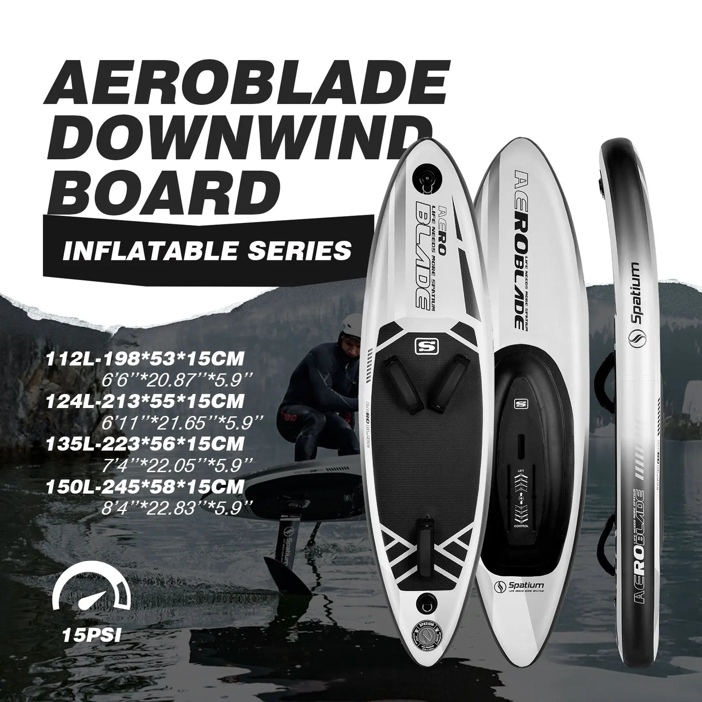 Spatium Inflatable Downwind Board Unpowered Versatile Inflatable Surfing SUP Downwind Board for 112L/124L/135L/150L Water Sports