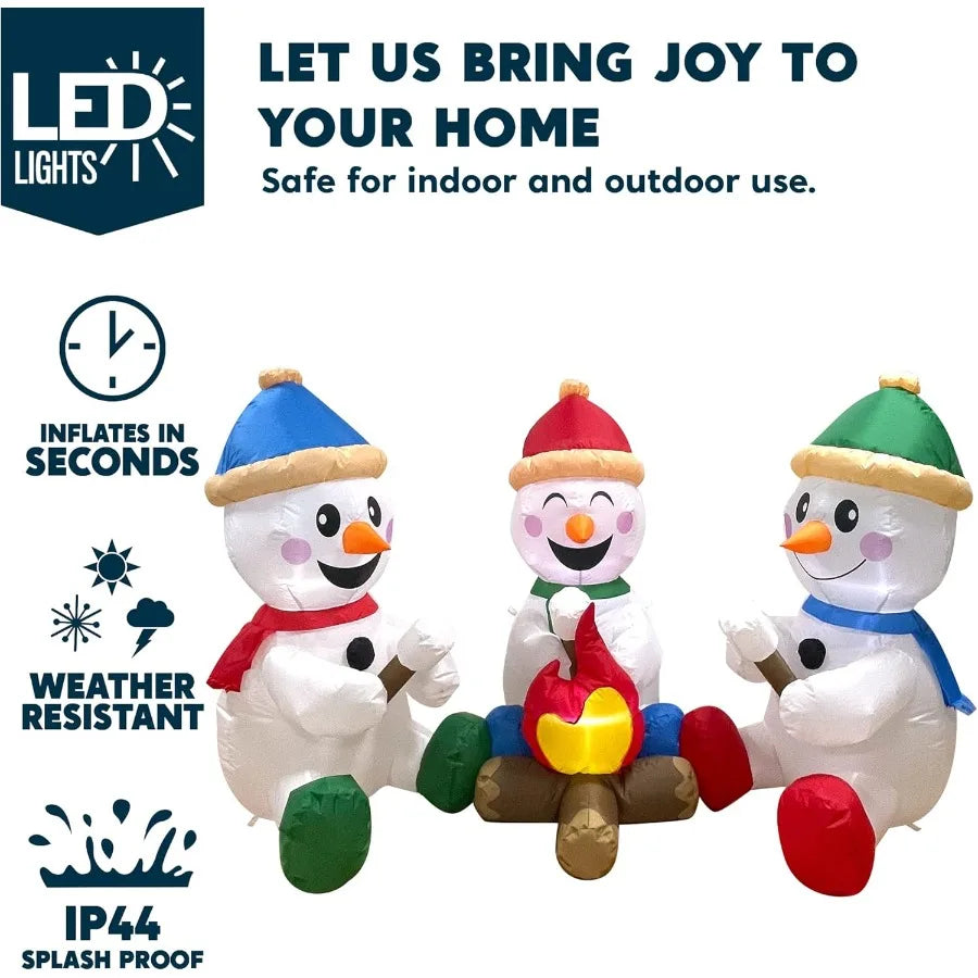 6 FT Long Christmas Inflatable Snowman with Campfire 3 Pack Small Snowman with Builtin LEDs Christmas Blow Up Yard Decoration w