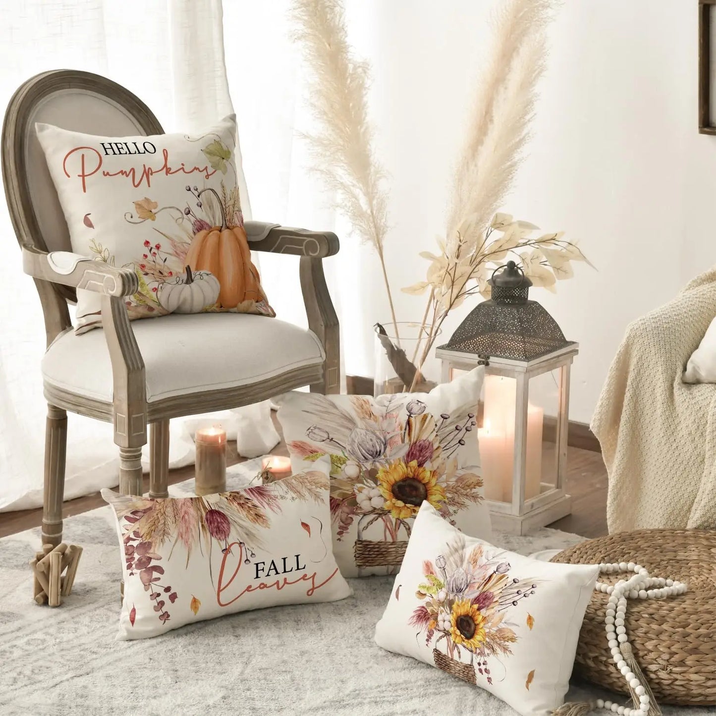 colorlife Fall Pumpkin Wheat Cotton Jar Autumn Thanksgiving Throw Pillow Covers, 18 x 18 Inch Seasonal Cushion Case for Sofa Cou