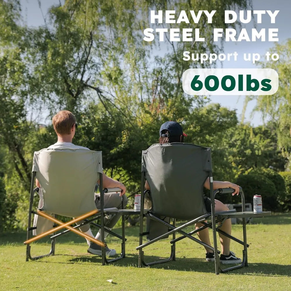 Pair of Heavy-Duty Oversized Directors Folding Chairs Supporting 600 LBS, Outdoor Chairs with Detachable Pocket
