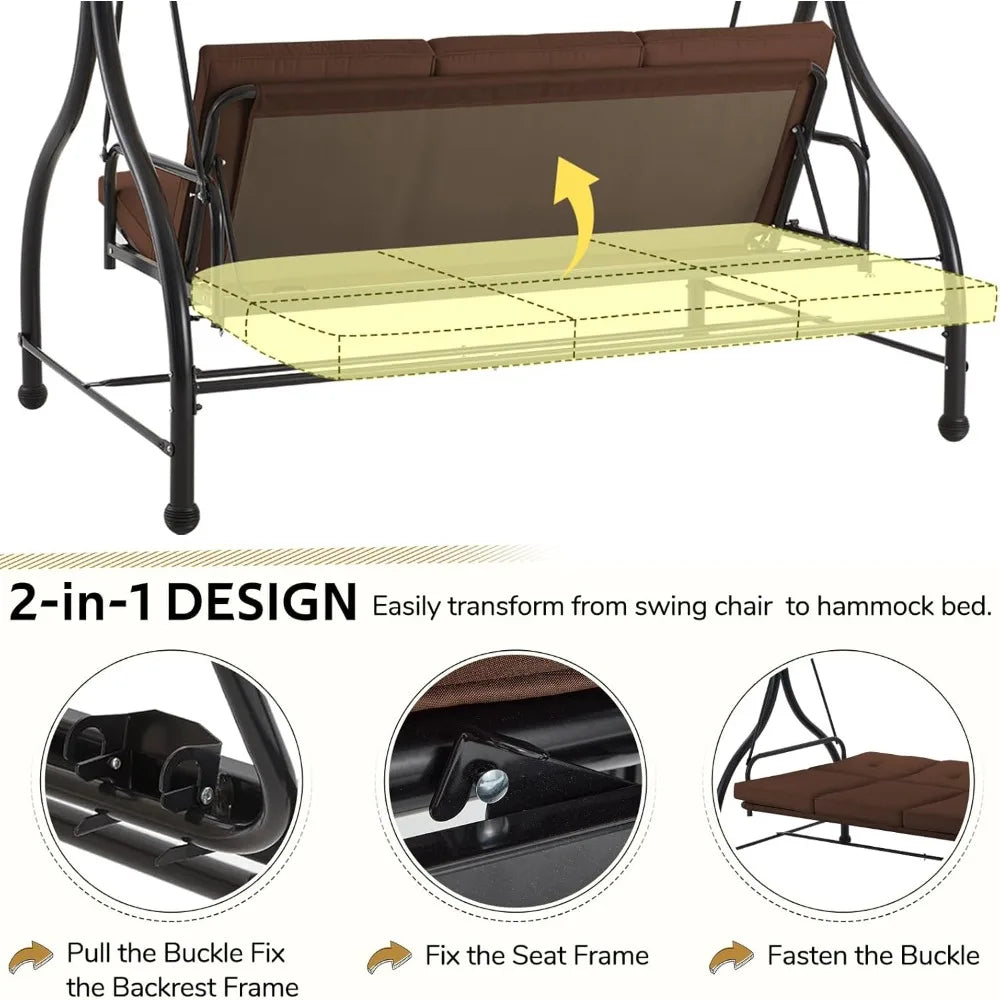 U-MAX Porch Swing Chair with Adjustable Backrest&Canopy, 3 Seat Patio Swing with Canopy 2-in-1 Convertible Outdoor Swing with Ca