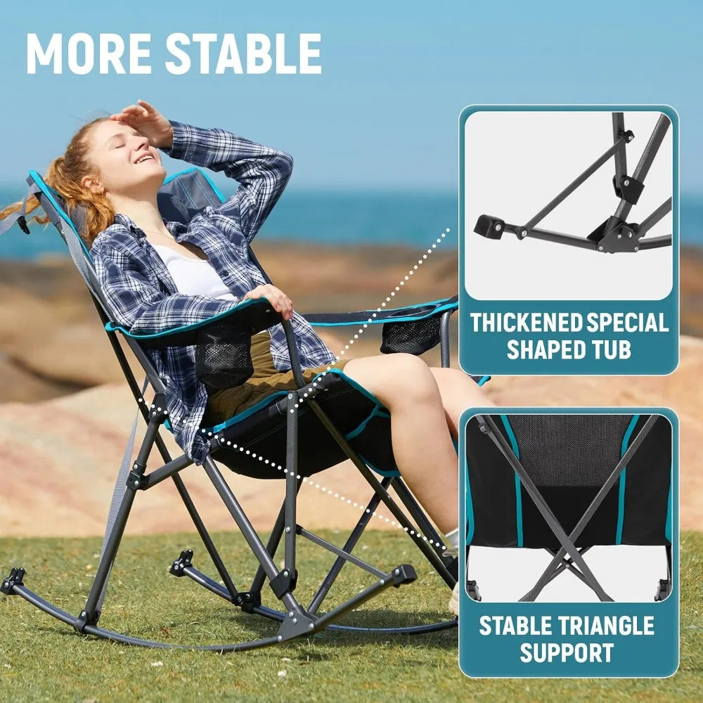 Rocking Camping Chair, High Mesh Back Portable Folding Camp Chairs with Pillows, Cup Holder and Carry Bag for Lawn Patio Garden