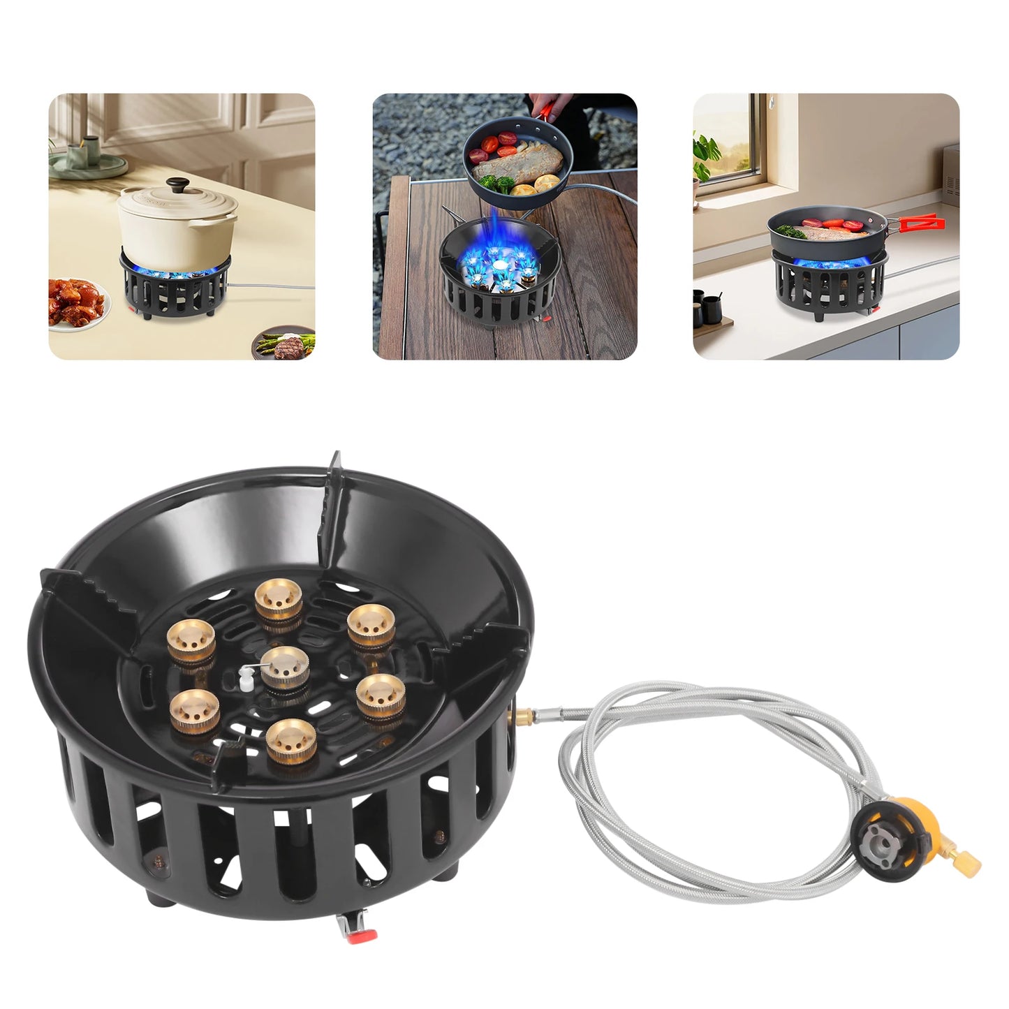 old-Rolled Steel Portable Camping Stove, 72000BTU 3-Adapter Gas Cooker, Windproof Design for Camping Hiking Picnic