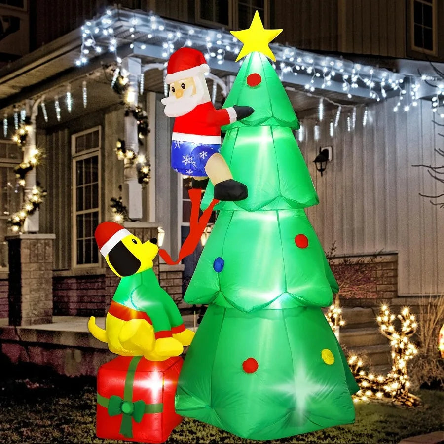 8ft Christmas Inflatables Tree Blow Up Yard Decoration with Santa Claus Dog and Boxes for Indoor Outdoor Yard Garden Christmas