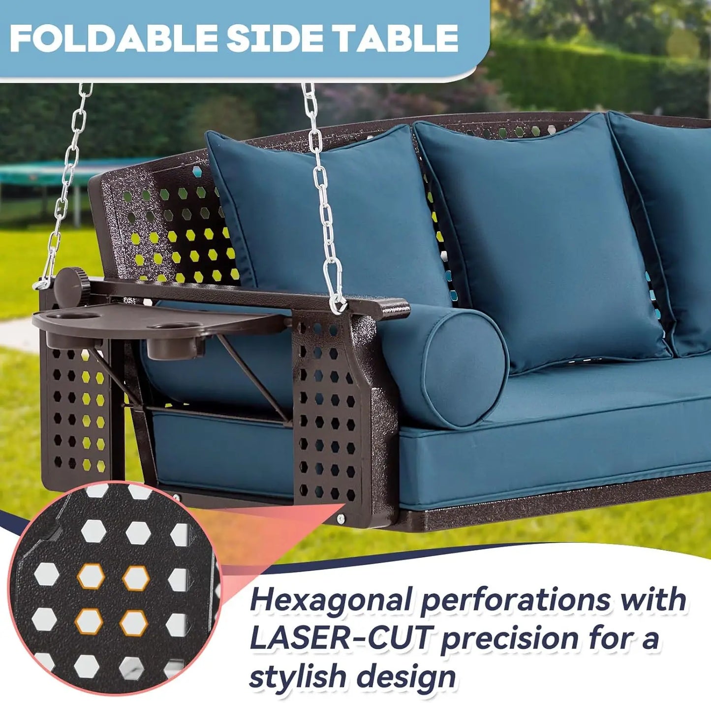 3 Seat Porch Swing, Patio Swing Bench with Cup Holders & 3 Back Cushions, Swing Chair with Chains for Deck Garden Backyard