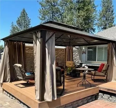 10'x13' Hardtop Gazebo, Outdoor Polycarbonate Double Roof Canopy, Aluminum Frame Permanent Pavilion with Curtains and Netting