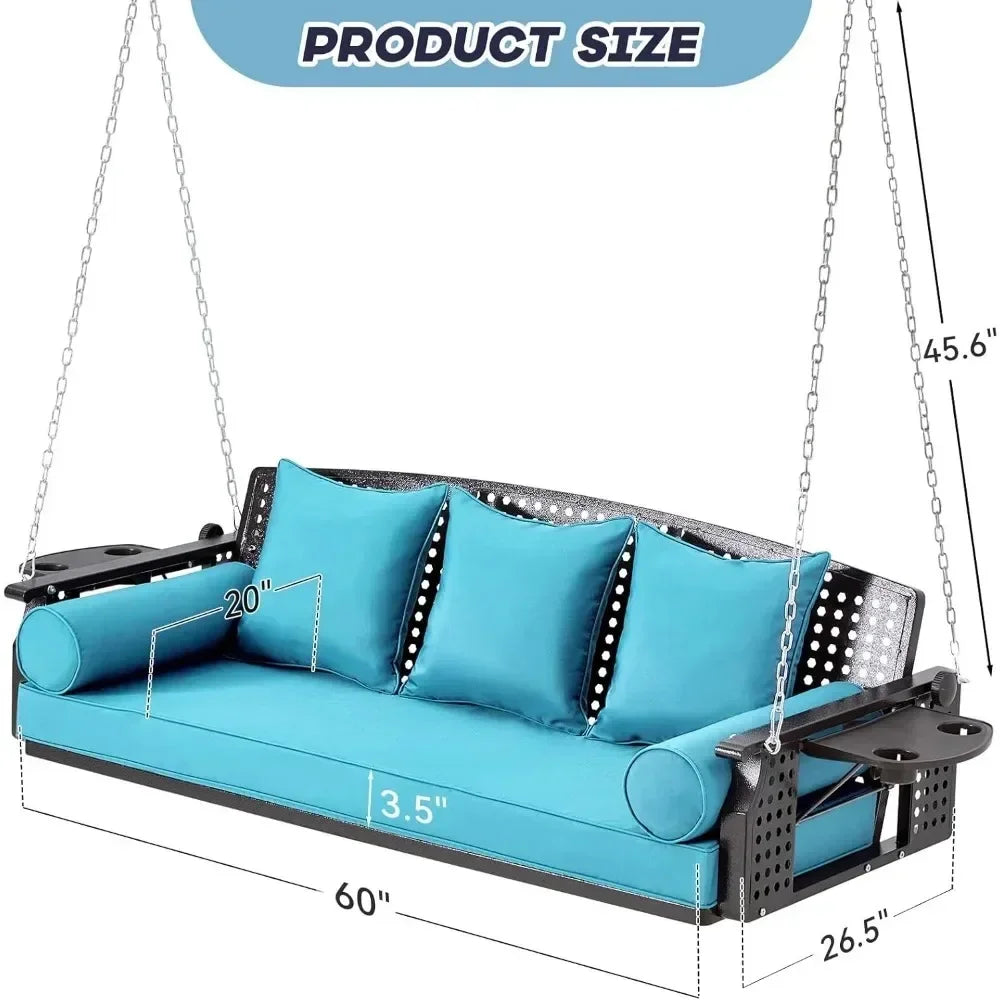 3 Seater Porch Swing, Patio Swing Bench with Cup Holder and 3 Back Cushions, Swing Chair with Chain