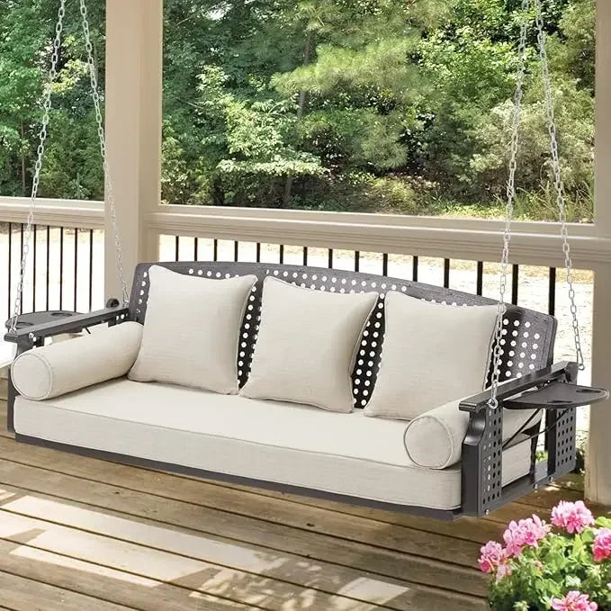 3 Seater Porch Swing, Patio Swing Bench with Cup Holder and 3 Back Cushions, Swing Chair with Chain