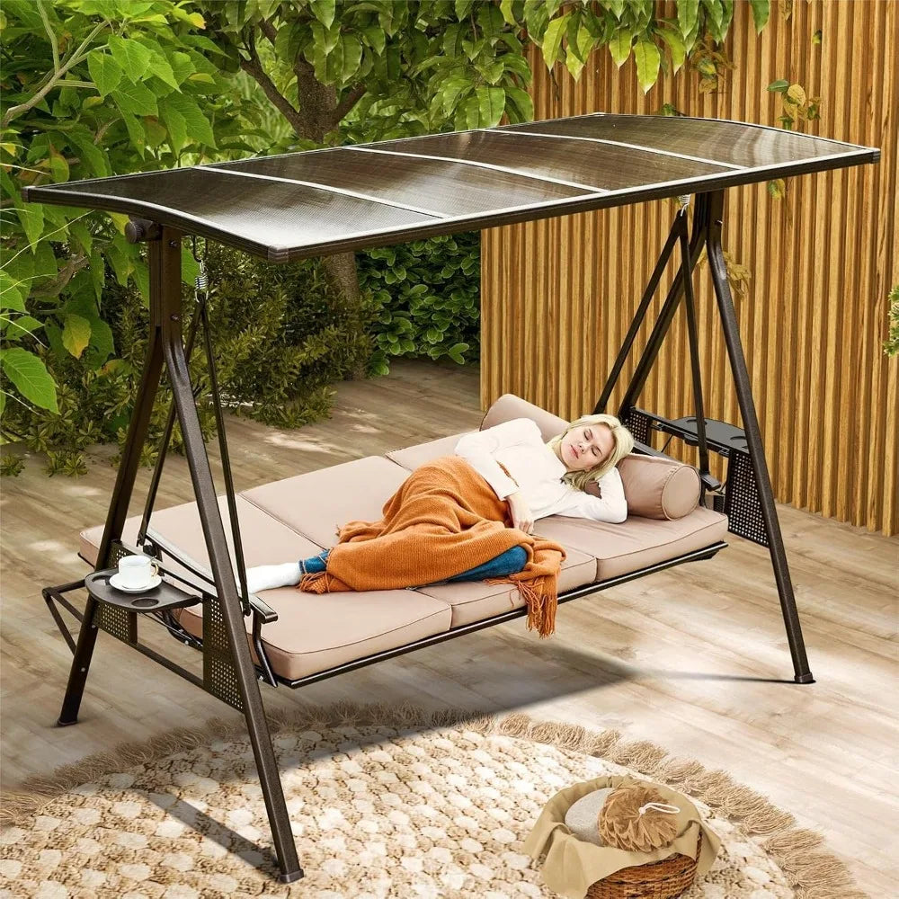 Oversized Outdoor Porch Swing with Hardtop, 3 Seat Patio Swing with 2 Side Cup Holder, 3-in-1 Convertible Backrest Swing Bed wi
