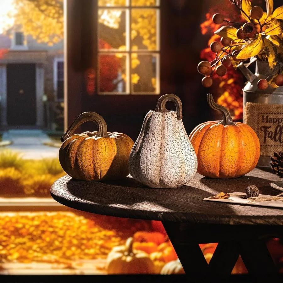 3pcs Resin Cracked Pumpkin Figurine Set for Fall Decoration 6.7 inch Autumn Harvest Thanksgiving Halloween Party Tabletop Cente