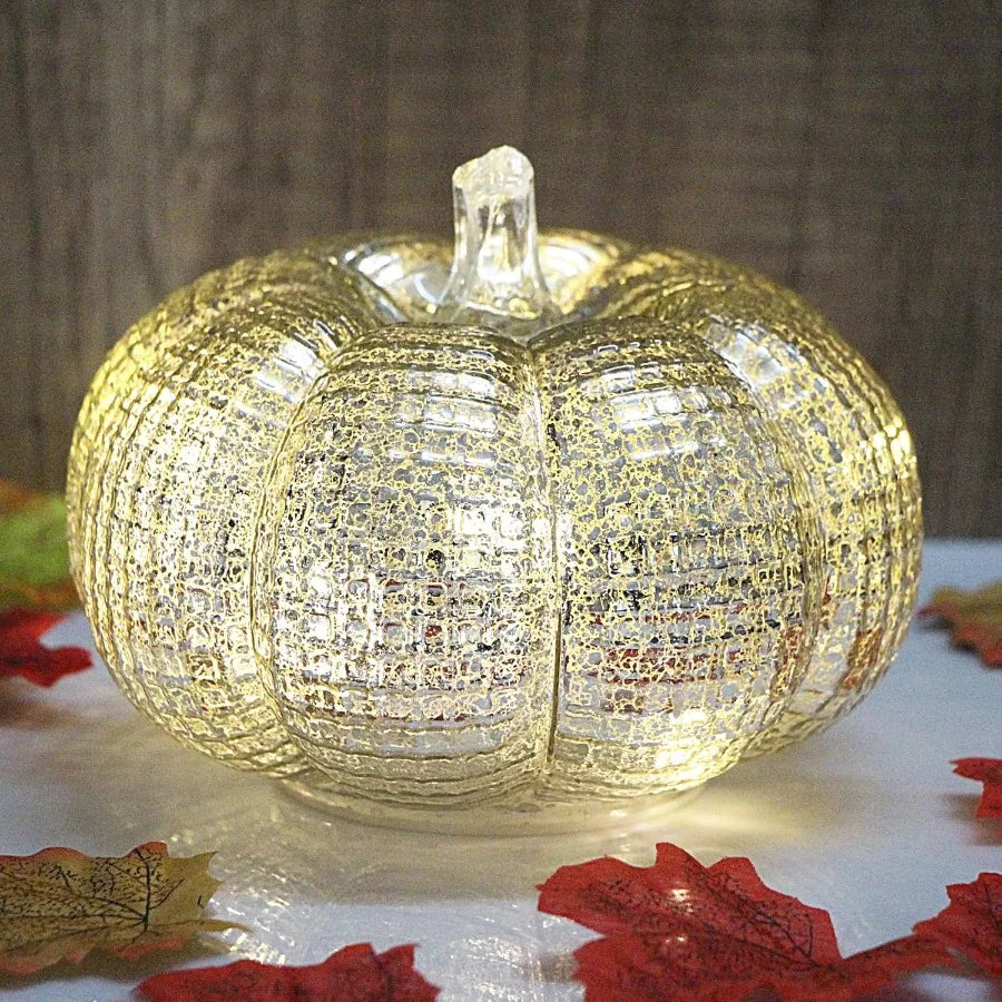 Rustic Halloween and Thanksgiving Decor: Silver GridPatterned Mercury Glass Pumpkin Lights with Timer Battery Operated LED Ligh
