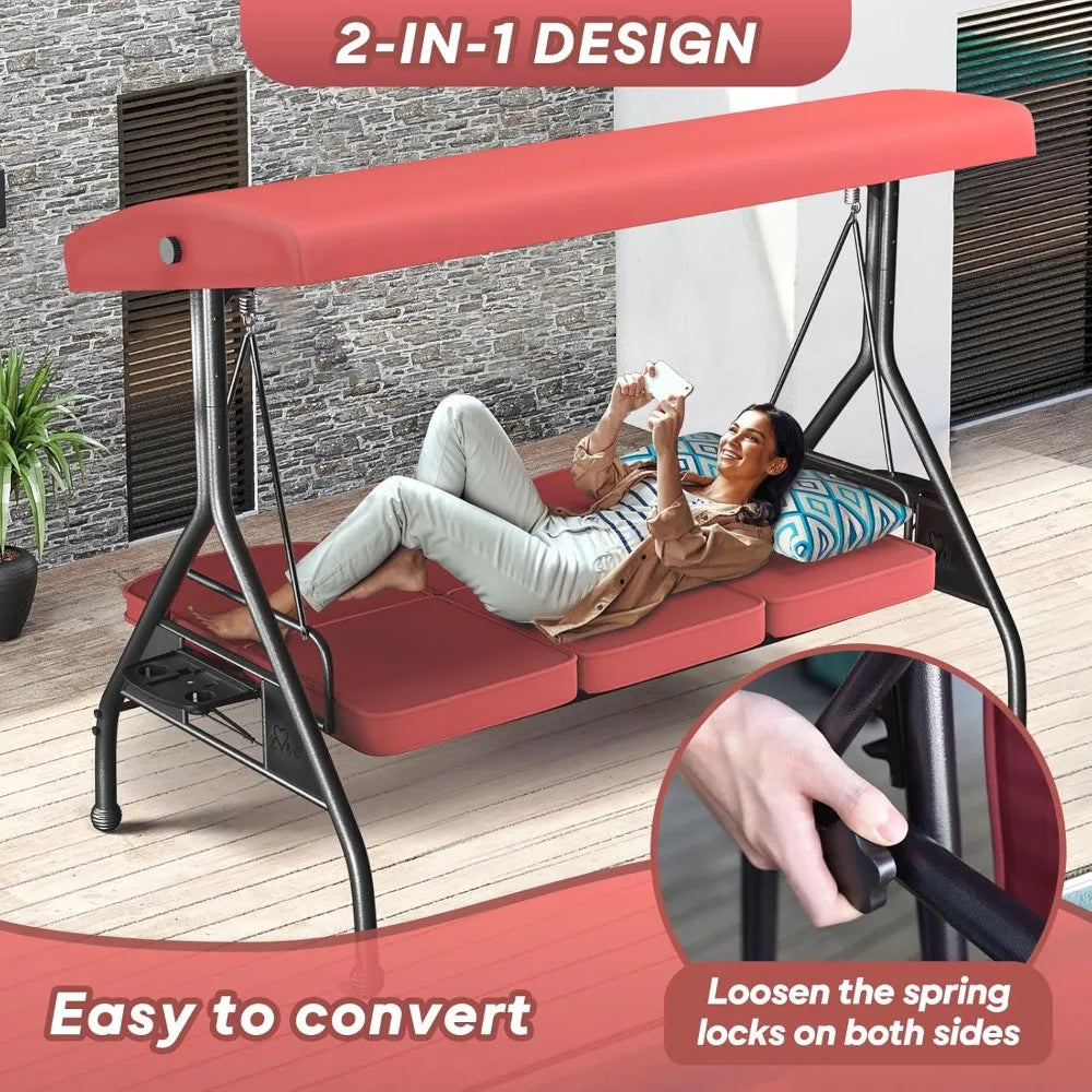 3 Seat Outdoor Porch Patio Swing with Stand 800lbs 2-in-1 Convertible Swing Bed with Adjustable Canopy & Removable Cushion