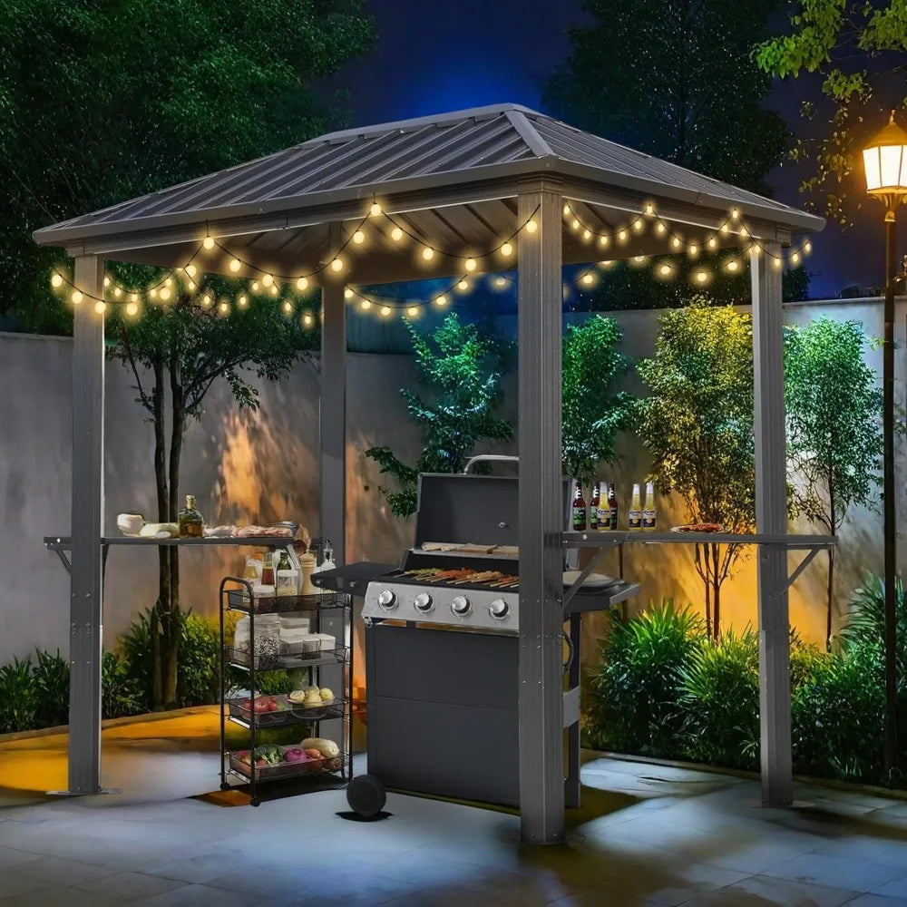 8'x5' Outdoor Hardtop BBQ Gazebo, Single Roof Design with Aluminum Structure and Galvanized Steel Roof, Great for Patio and Bac