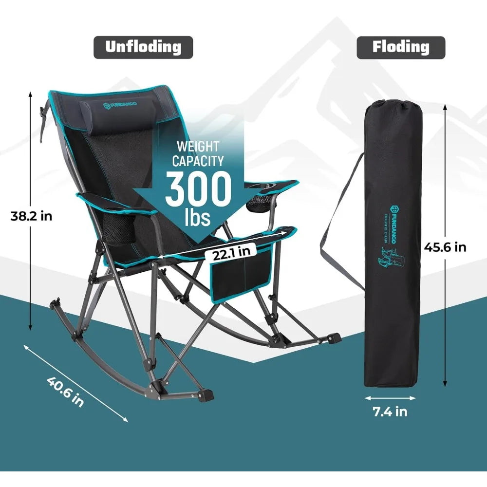 Rocking Camping Chair, High Mesh Back Portable Folding Camp Chairs with Pillows, Cup Holder and Carry Bag for Lawn Patio Garden