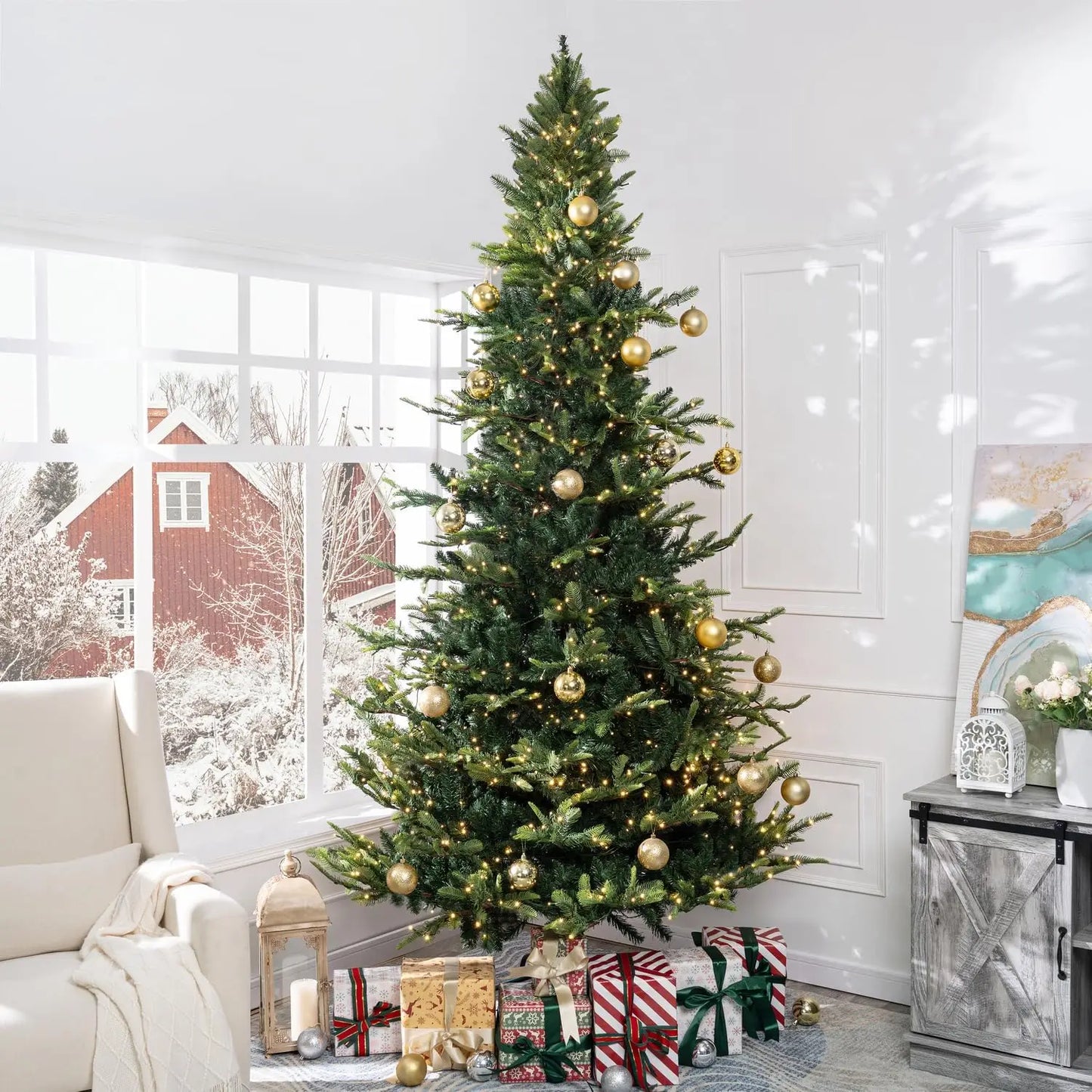 9ft Nordic Christmas Tree, 2106 Branch Tips, 1100 Warm Lights, Metal Stand