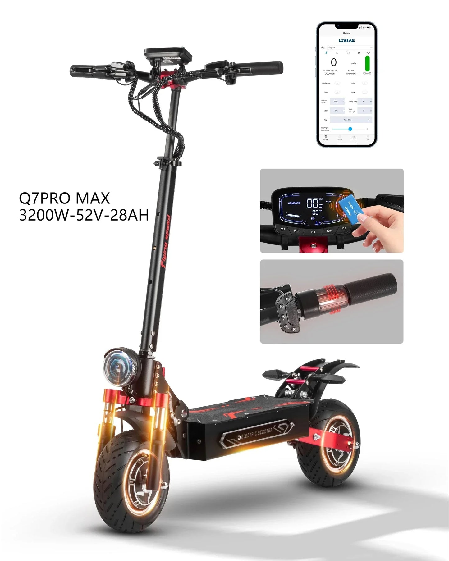 BOYUEDA Q7Pro Max E-Scooter 3200W Dual Motor 52V28AH Battery NFC Activated App Control Escooter Silent Tires Electric Scooter
