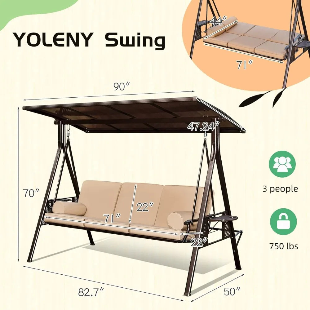 Oversized Outdoor Porch Swing with Hardtop, 3 Seat Patio Swing with 2 Side Cup Holder, 3-in-1 Convertible Backrest Swing Bed wi