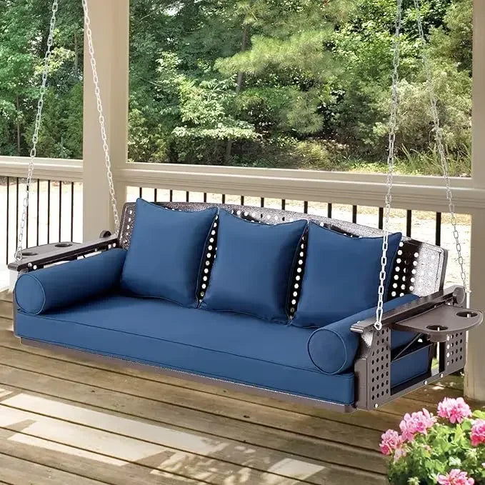 3 Seater Porch Swing, Patio Swing Bench with Cup Holder and 3 Back Cushions, Swing Chair with Chain
