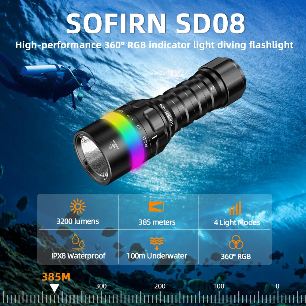 Sofirn SD08 3200lm Range 385m Diving Flashlight Powerful Rechargeable 21700 Underwater Deep Flashlight with 360° RGB Indicator