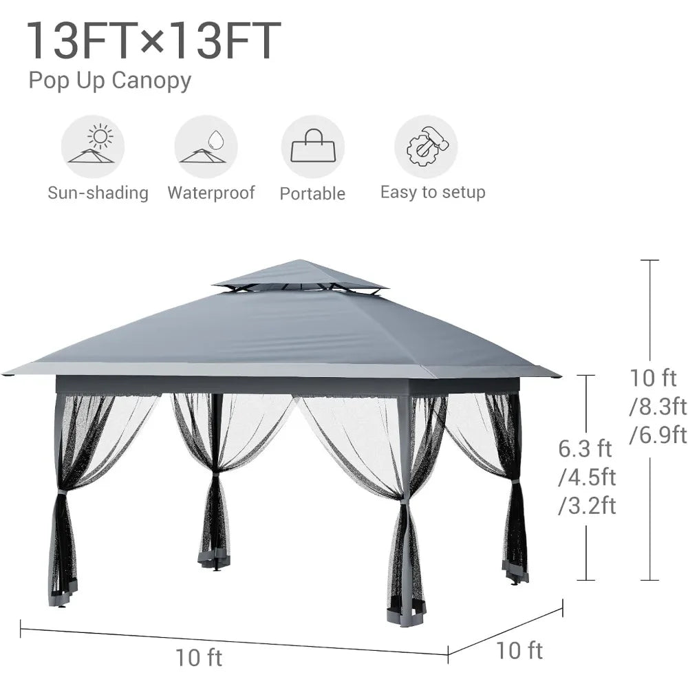 13x13 Pop Up Gazebo with Mosquito Netting & UPF 50+ Waterproof Canopy Tent,Outdoor Patio Gazebo,Backyard Tent for Party,Wedding,