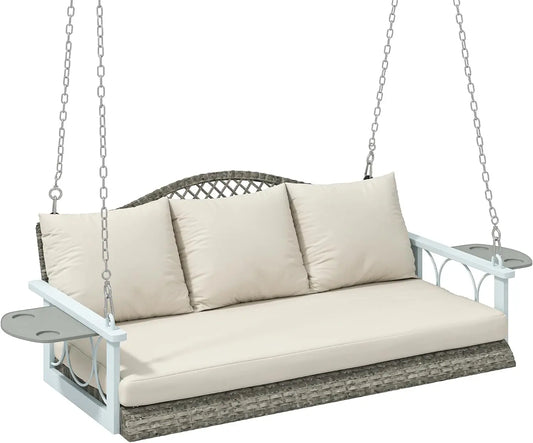 3 Person Wicker Porch Swing Chair Heavy Duty 800 LBS with Cup Holder, 57 Inch Outdoor Rattan Patio Hanging Swing Bench