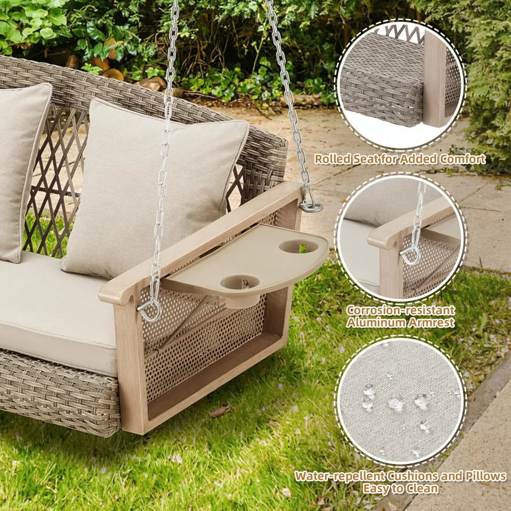 3-Person Wicker Porch Swing with Upgraded Cup Holder, 55 Inch Patio Hanging Swing Bench Chair with Cushions 900lbs Capacity