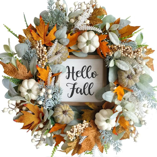 20inch Thanksgiving Fall Wreath with Eucalyptus Berries Pumpkins Lamb Ears Leaves for Front Door Porch Wall Home Outdoor Holida