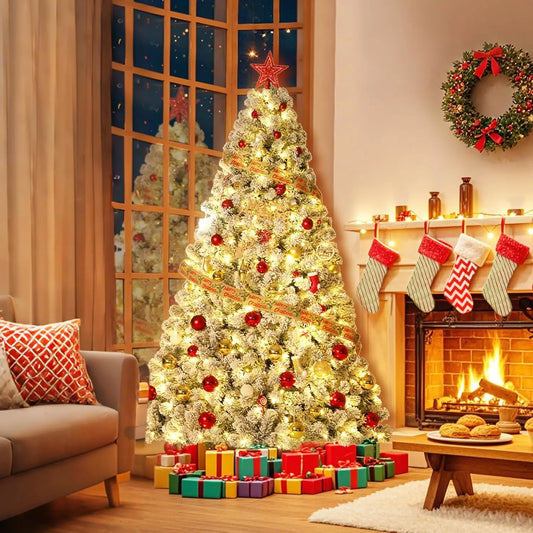 7.5FT Christmas Tree Prelit Artificial Christmas Tree With 450 Warm White Lights Realistic Flocked Material Holiday Decoration