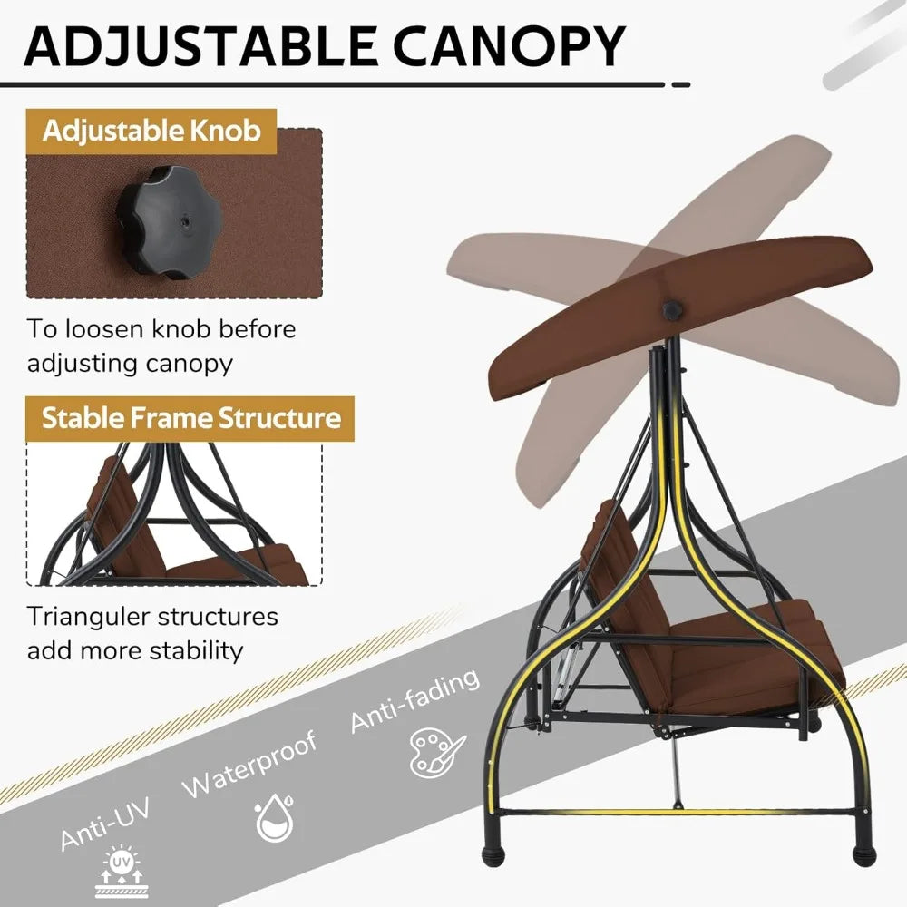 U-MAX Porch Swing Chair with Adjustable Backrest&Canopy, 3 Seat Patio Swing with Canopy 2-in-1 Convertible Outdoor Swing with Ca
