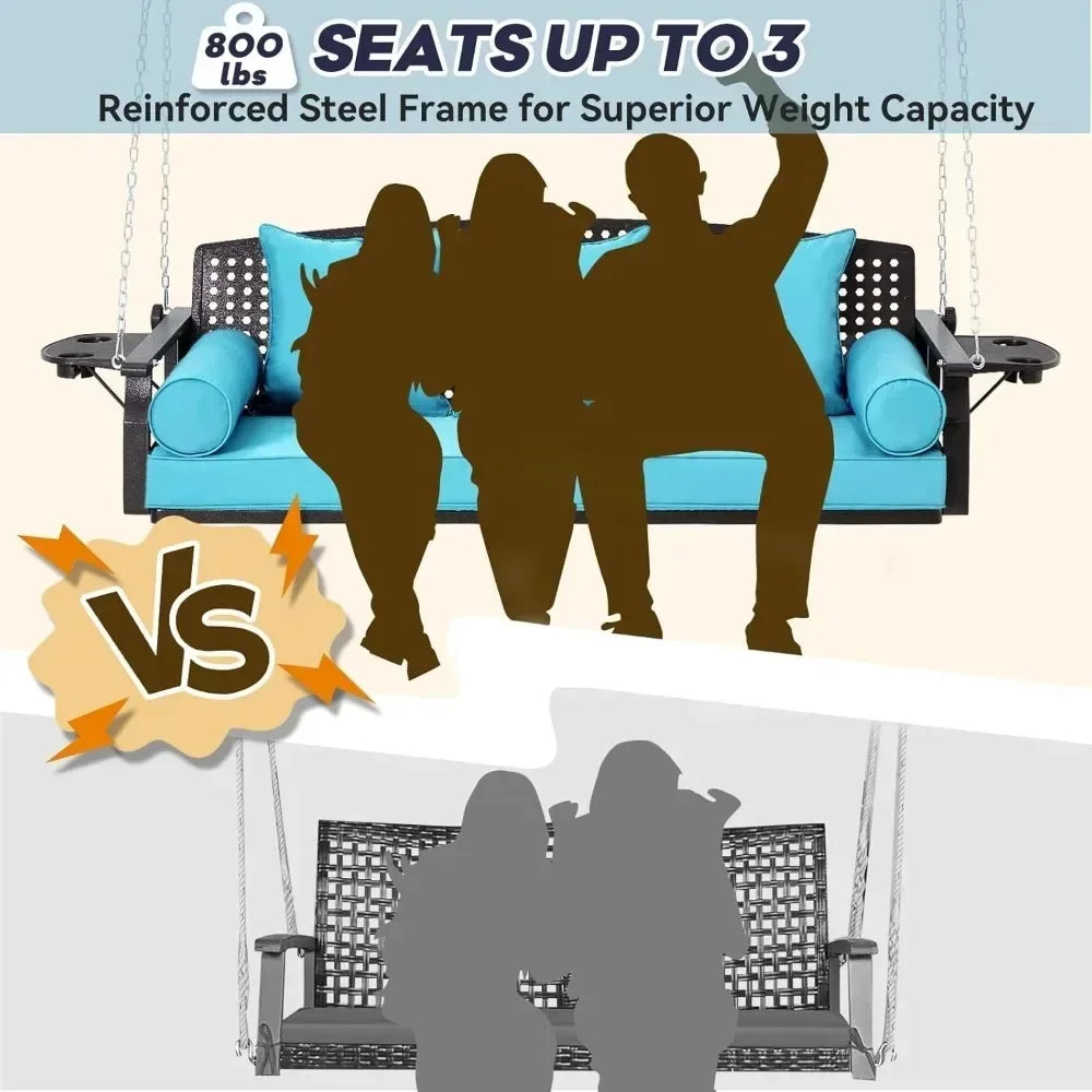 3 Seater Porch Swing, Patio Swing Bench with Cup Holder and 3 Back Cushions, Swing Chair with Chain