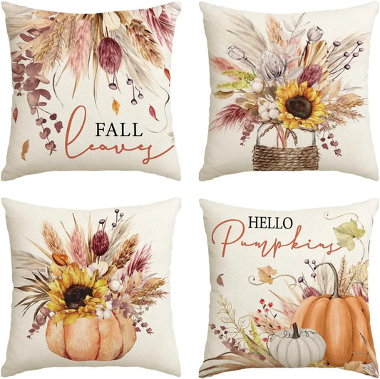 colorlife Fall Pumpkin Wheat Cotton Jar Autumn Thanksgiving Throw Pillow Covers, 18 x 18 Inch Seasonal Cushion Case for Sofa Cou