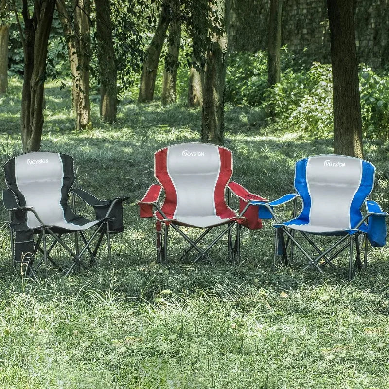 Padded Camping Chairs, Oversized Folding Outdoor Chairs, with Cooler Bag, Cup Holder, Storage Pocket Carry Bag (Red - 2 Pack)