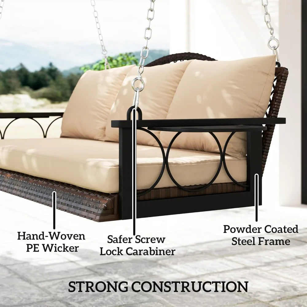 3 Person Wicker Porch Swing Chair Heavy Duty 800 LBS with Cup Holder, 57 Inch Outdoor Rattan Patio Hanging Swing Bench