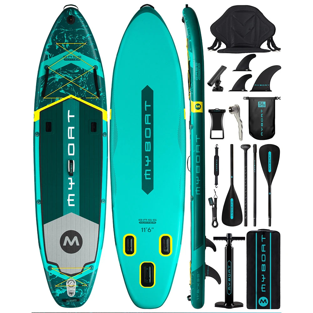 Myboat BASS HUNTER Green SUB Waterproof Inflatable Paddle Board 11'6''x35''x6'' Aquatic Fishing With Accessories SUP сапборд