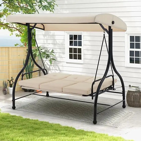 U-MAX Porch Swing Chair with Adjustable Backrest&Canopy, 3 Seat Patio Swing with Canopy 2-in-1 Convertible Outdoor Swing with Ca