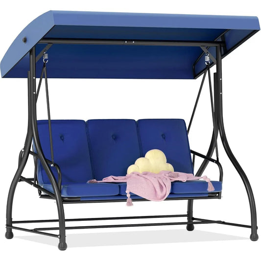 3-Seat Outdoor Porch Swing Bed with Removable Cushion, Patio Swing Chair with Adjustable Canopy, Heavy Duty Support for Outdoor