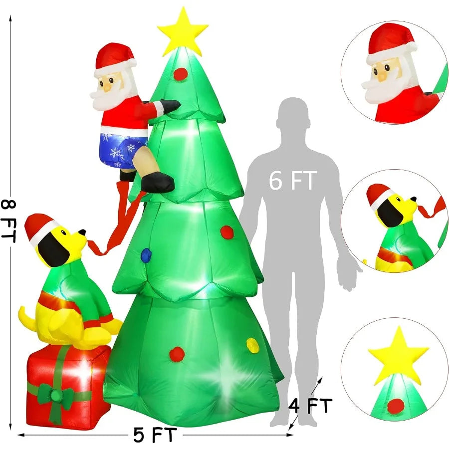 8ft Christmas Inflatables Tree Blow Up Yard Decoration with Santa Claus Dog and Boxes for Indoor Outdoor Yard Garden Christmas