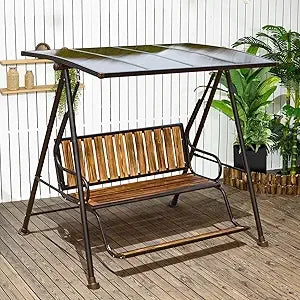 Oversized Outdoor Porch Swing with Hardtop, 3 Seat Patio Swing with 2 Side Cup Holder, 3-in-1 Convertible Backrest Swing Bed wi
