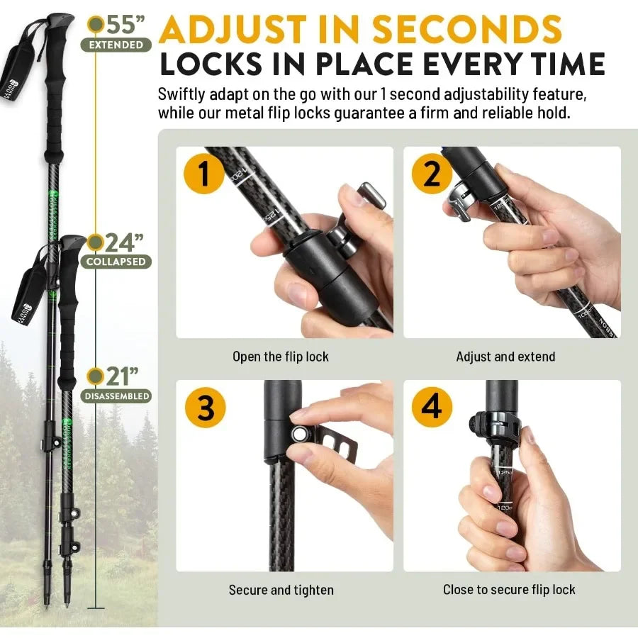 100 Carbon Fiber Trekking Poles by USA Brand Ultra Strong Lightweight Collapsible Hiking Poles with Cork and EVA Foam Grips Qui