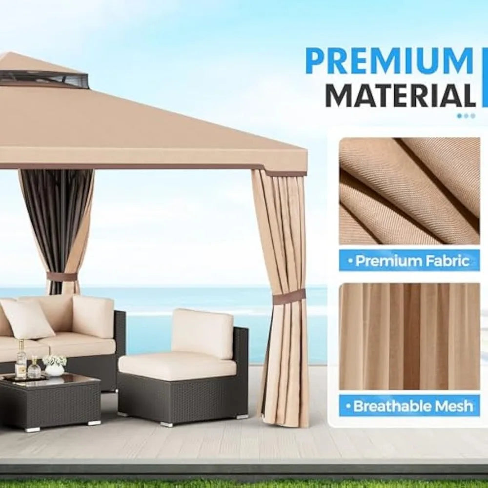 Outdoor 10x10 Garden Gazebo, Steel Vented Double Roof Patios Canopy, Outside Gazebo with Mosquito Netting for Backyard, Lawns,