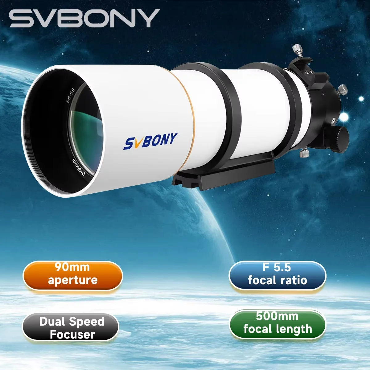 Svbony SV48P 90mm Aperture OTA Astronomical Telescope Dual Speed Focuser, F5.5 Refractor for Deep Sky Astrophotography